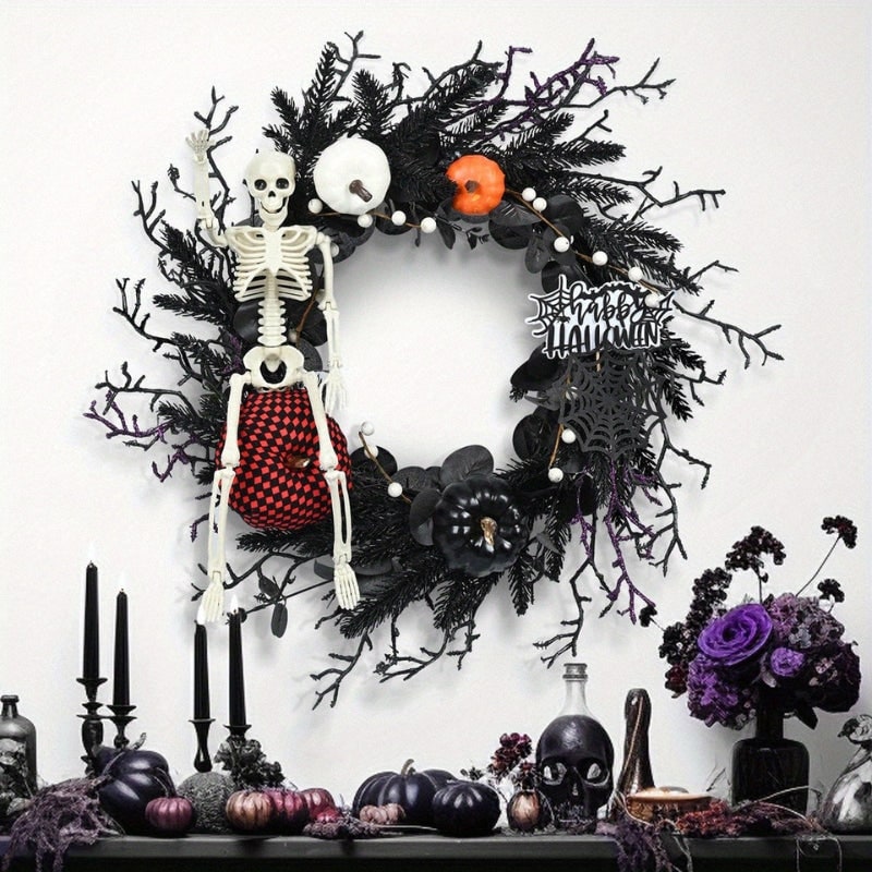 Couronne de porte d'Halloween à squelette et citrouilles