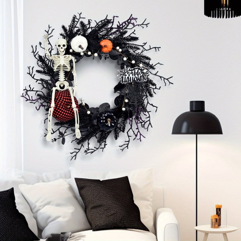 Couronne de porte d'Halloween à squelette et citrouilles