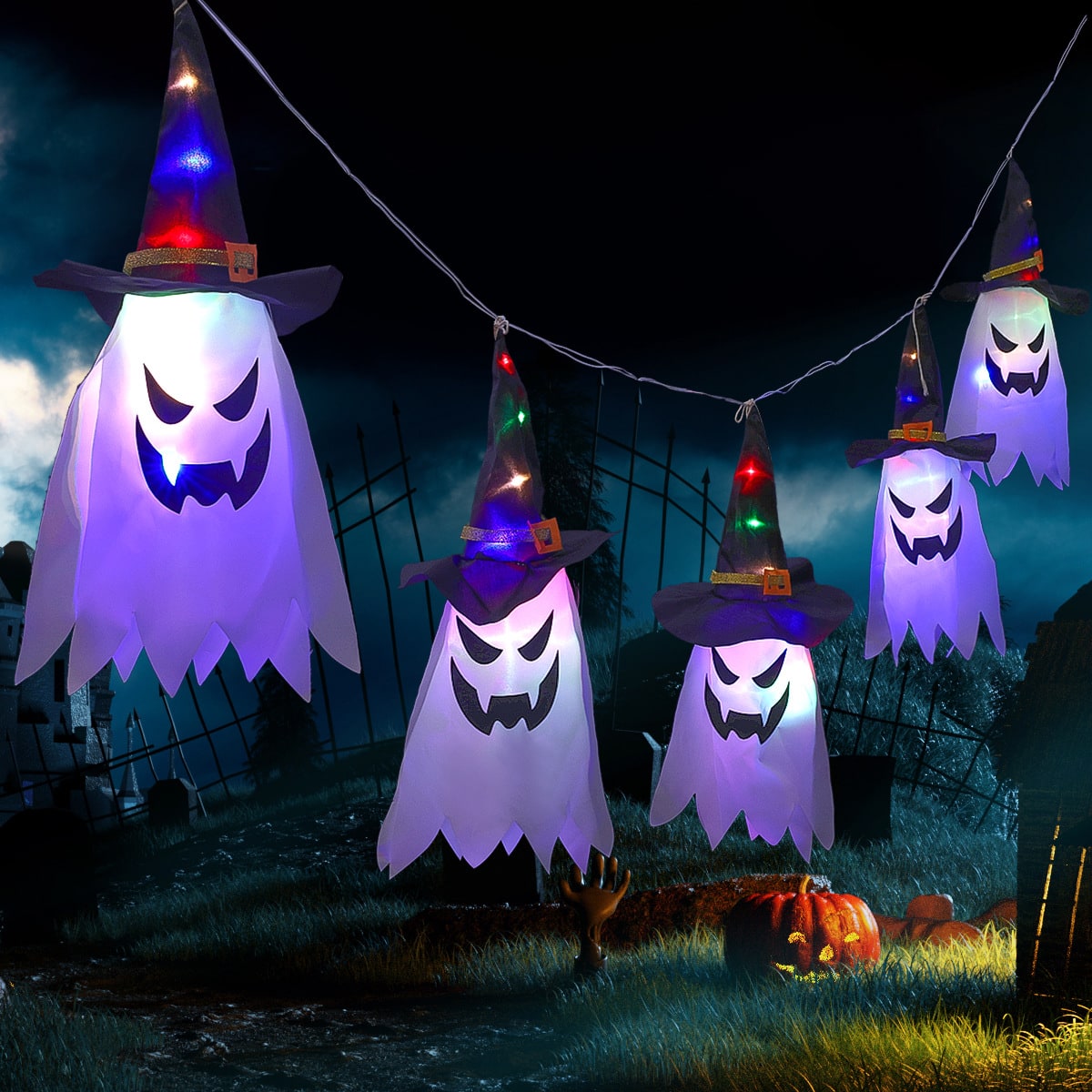 Décoration lumineuse fantôme avec chapeau et guirlande LED