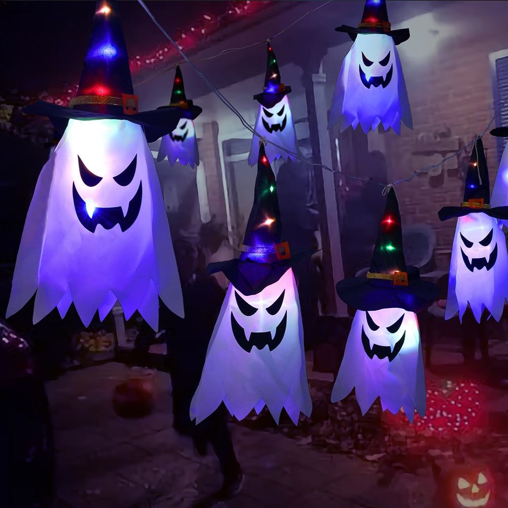 Décoration lumineuse fantôme avec chapeau et guirlande LED