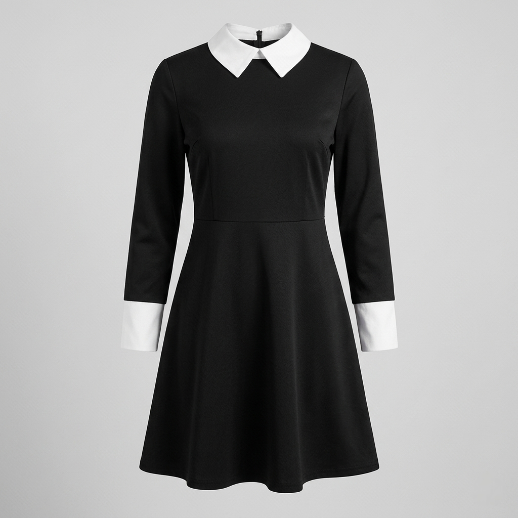Déguisement gothique à robe noire et col blanc avec options perruque