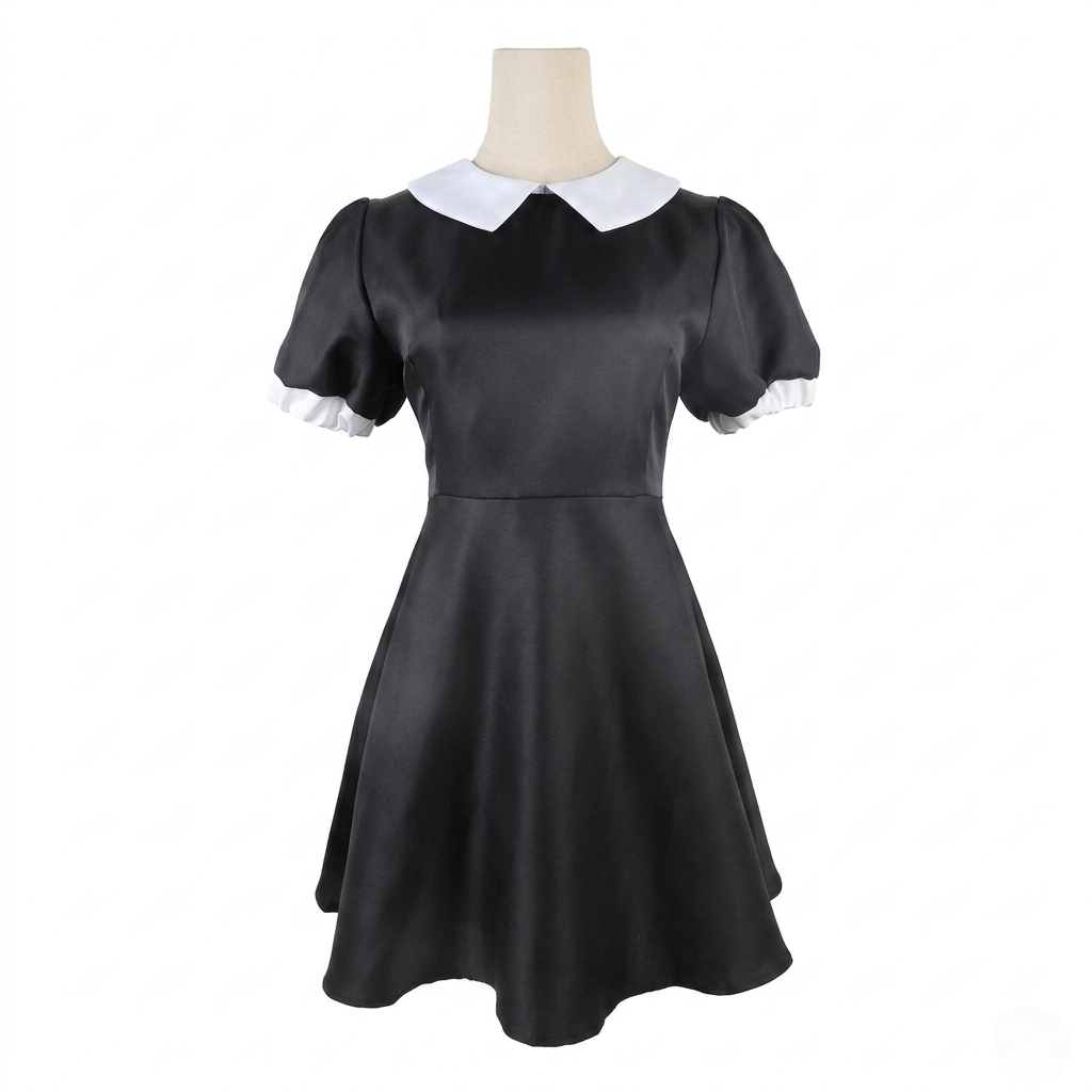 Déguisement gothique à robe noire et col blanc avec options perruque