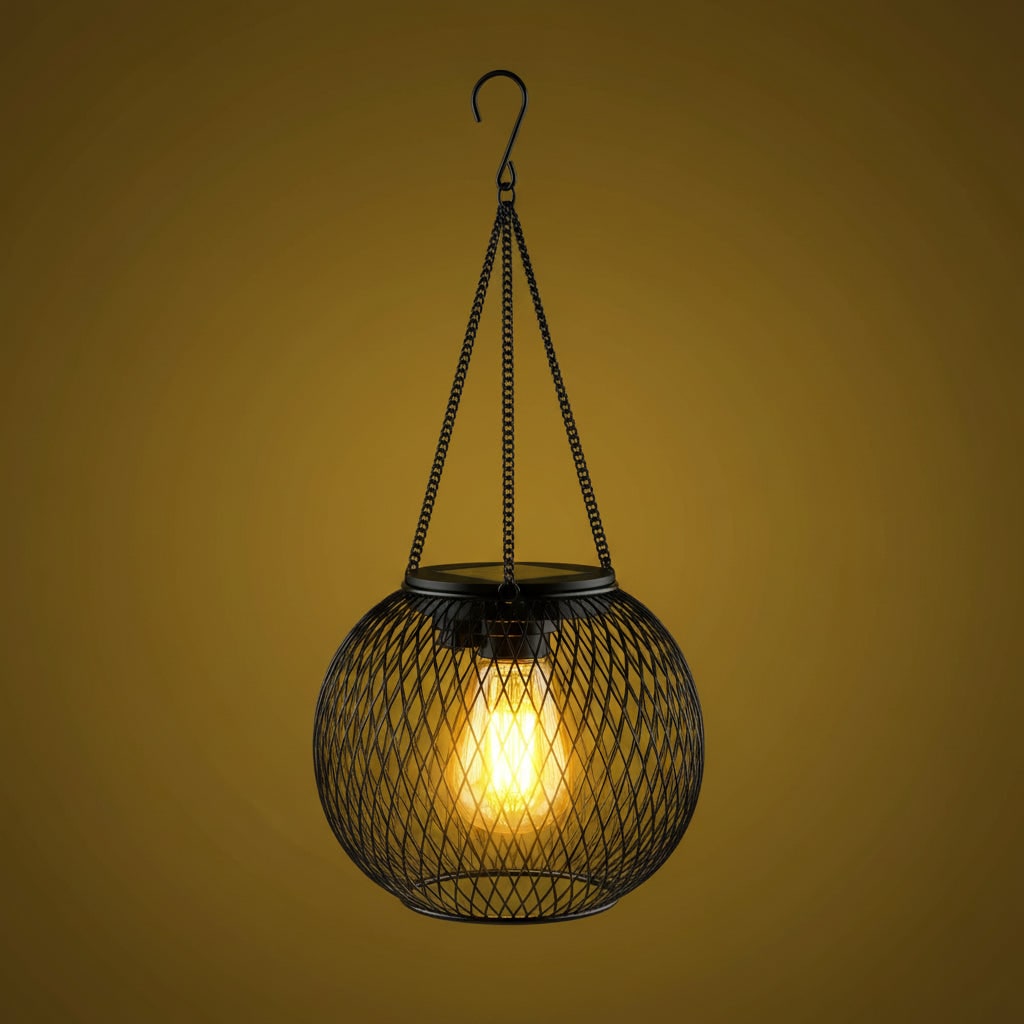 Lanterne solaire suspendue en métal grillagé à ampoule LED