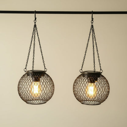 Lanterne solaire suspendue en métal grillagé à ampoule LED