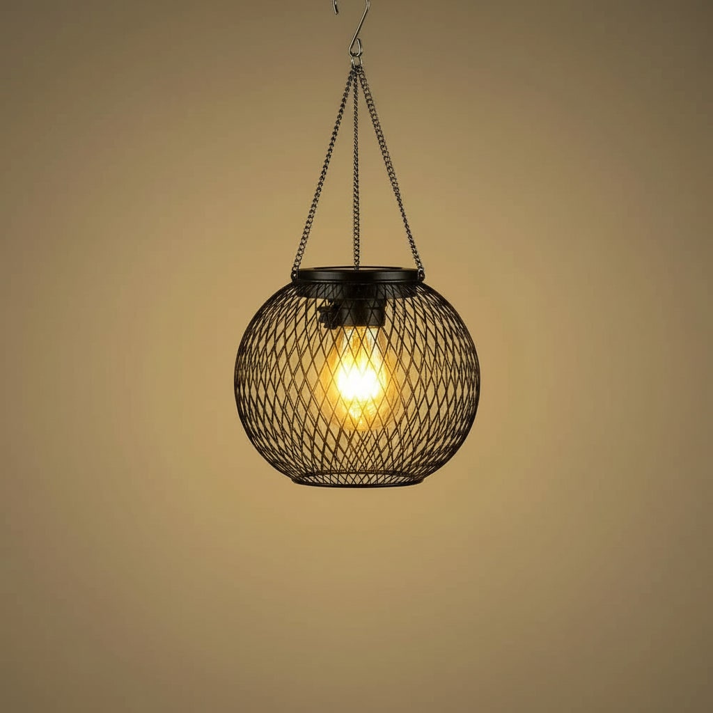 Lanterne solaire suspendue en métal grillagé à ampoule LED