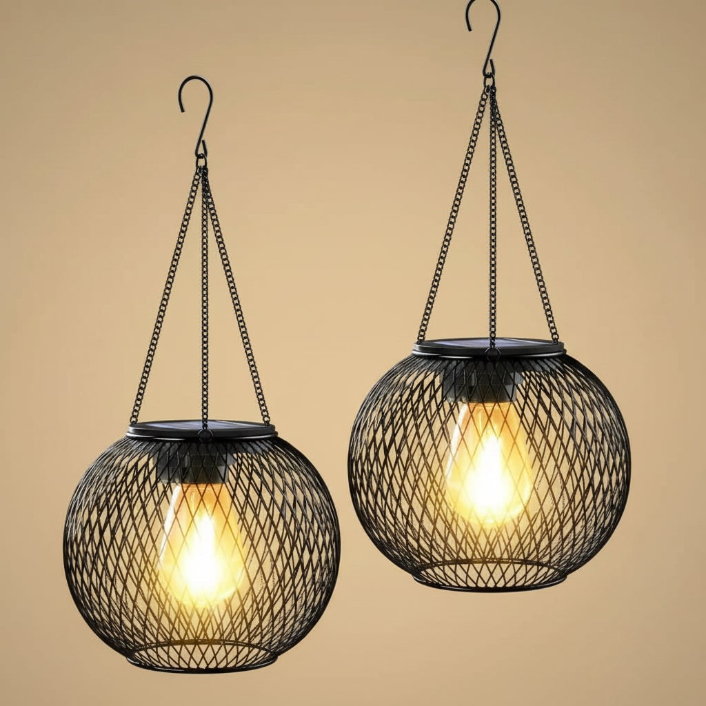 Lanterne solaire suspendue en métal grillagé à ampoule LED