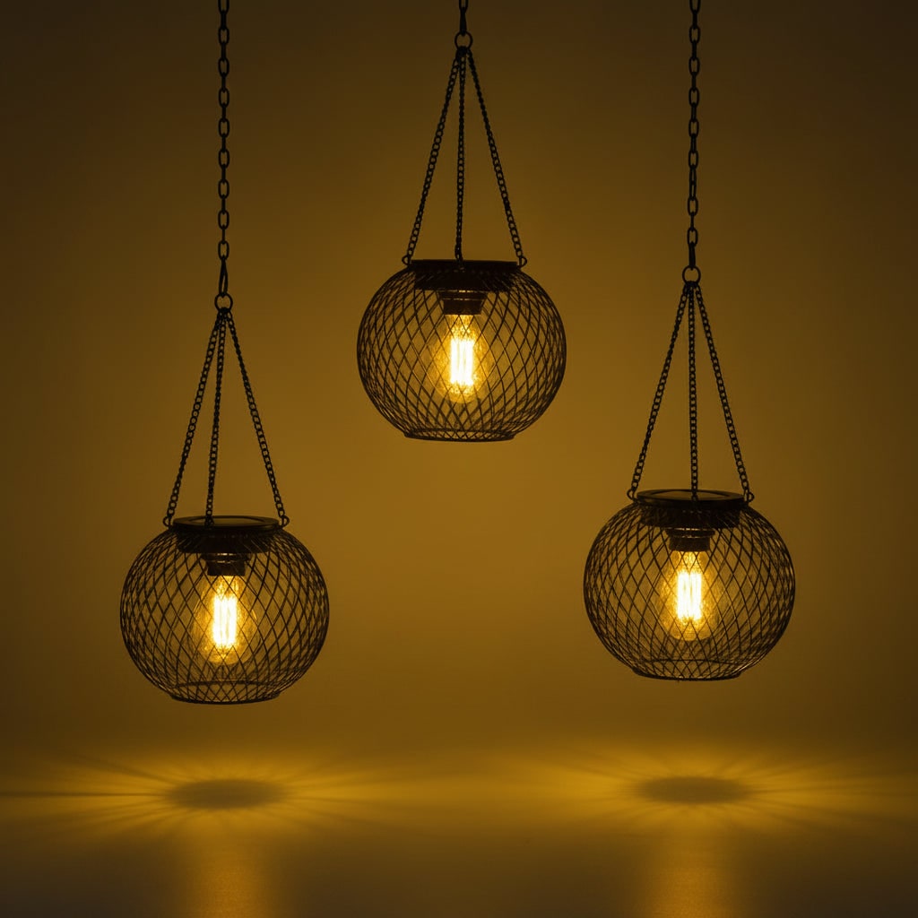 Lanterne solaire suspendue en métal grillagé à ampoule LED