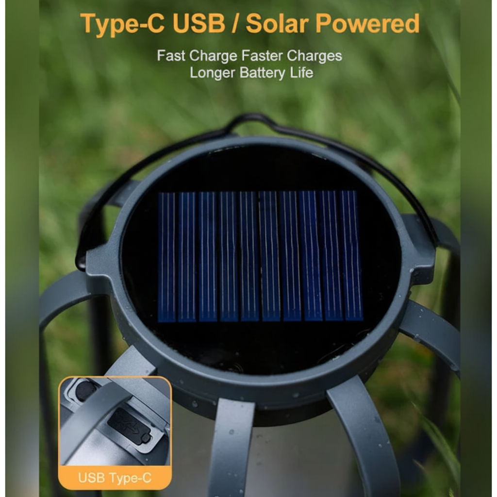 Lanterne solaire en verre à effet flamme avec recharge USB-C