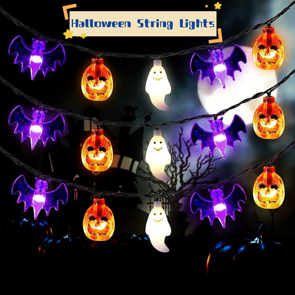 Guirlande LED d'Halloween à citrouilles, fantômes et chauves-souris