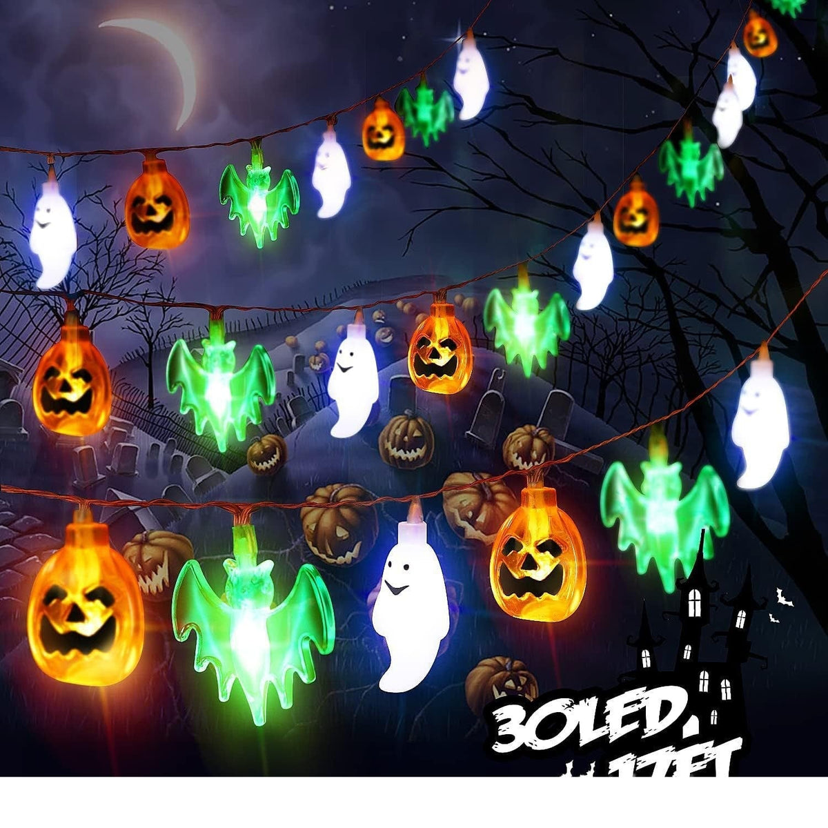 Guirlande LED d'Halloween à citrouilles, fantômes et chauves-souris