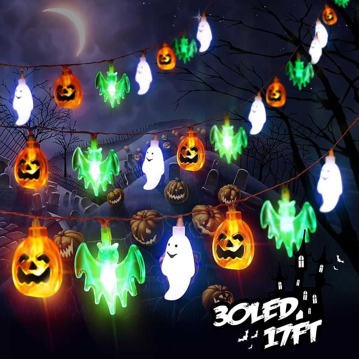 Guirlande LED d'Halloween à citrouilles, fantômes et chauves-souris