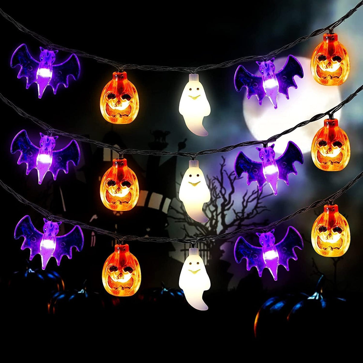 Guirlande LED d'Halloween à citrouilles, fantômes et chauves-souris