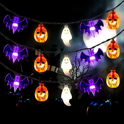 Guirlande LED d'Halloween à citrouilles, fantômes et chauves-souris