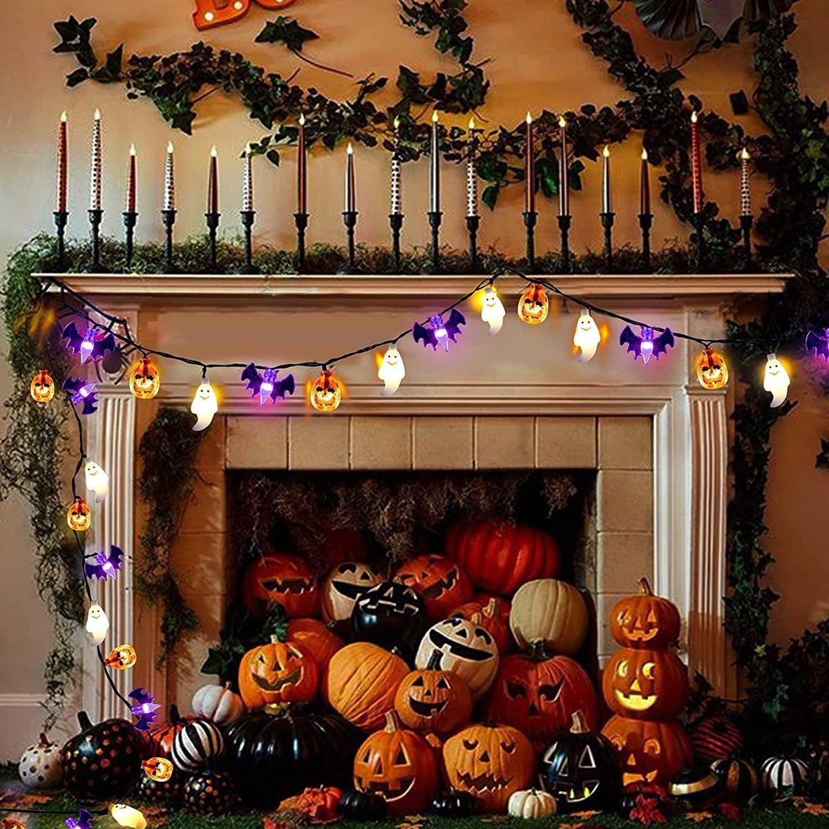 Guirlande LED d'Halloween à citrouilles, fantômes et chauves-souris