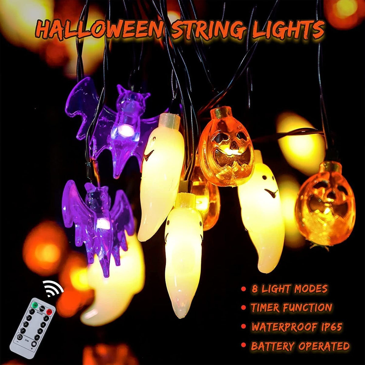 Guirlande LED d'Halloween à citrouilles, fantômes et chauves-souris