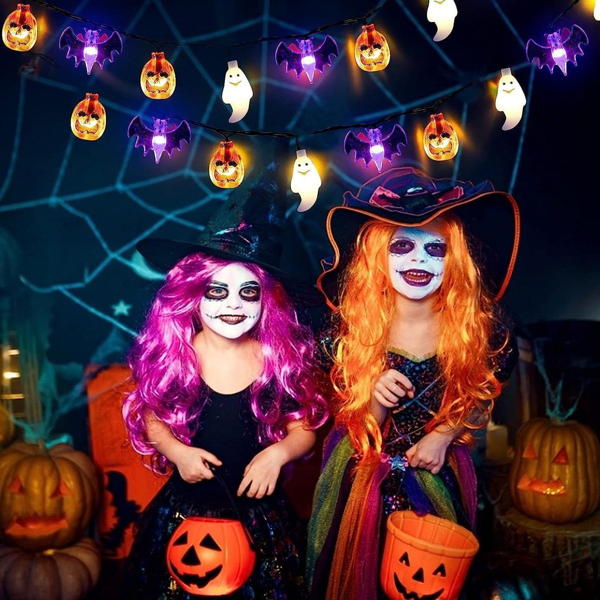 Guirlande LED d'Halloween à citrouilles, fantômes et chauves-souris
