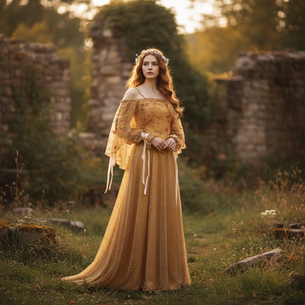 Robe de déguisement médiévale dorée à jupe en tulle