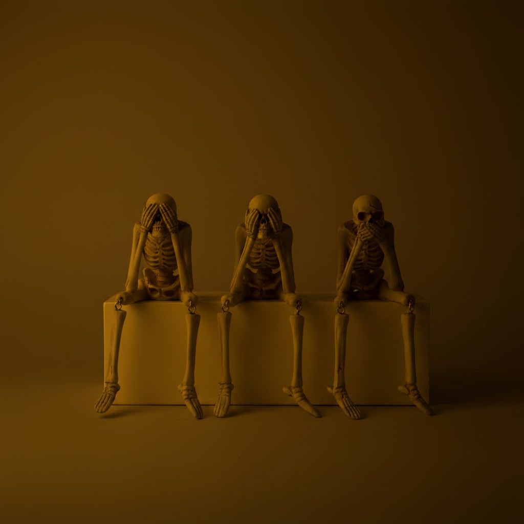 Lot de trois squelettes décoratifs assis à jambes pendantes