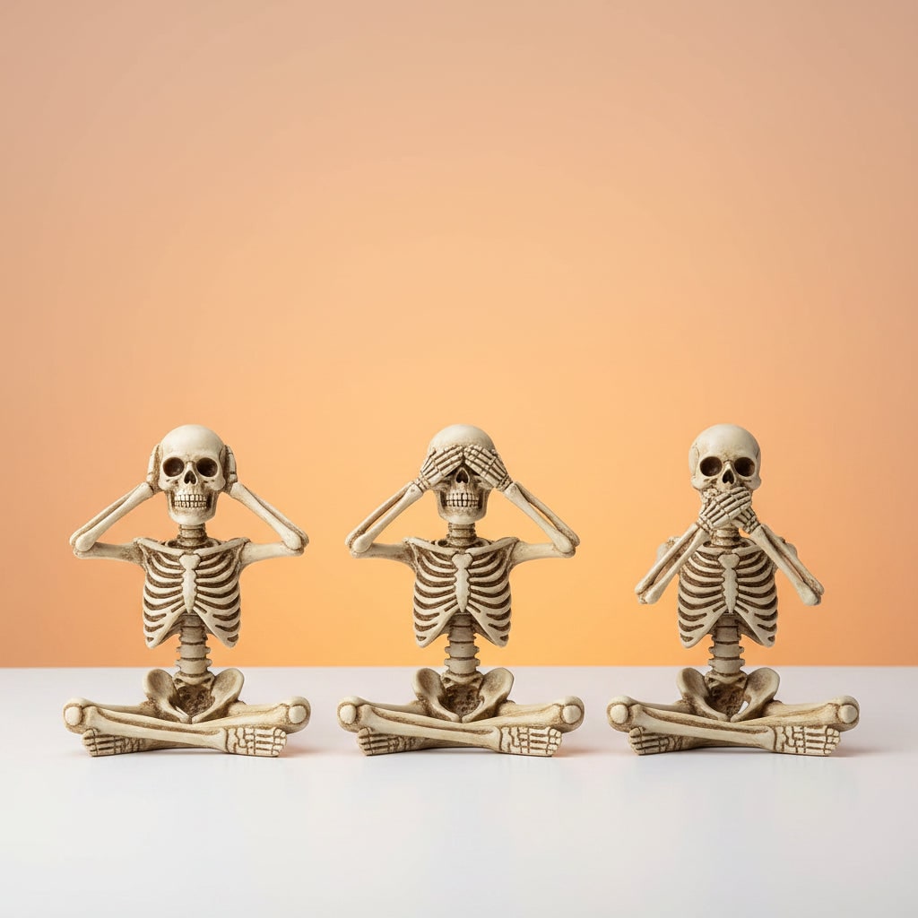Lot de trois squelettes décoratifs assis à jambes pendantes