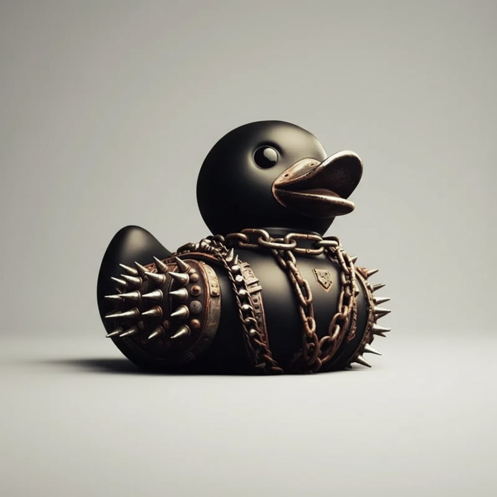 Canard décoratif noir à cornes et collier à pointes