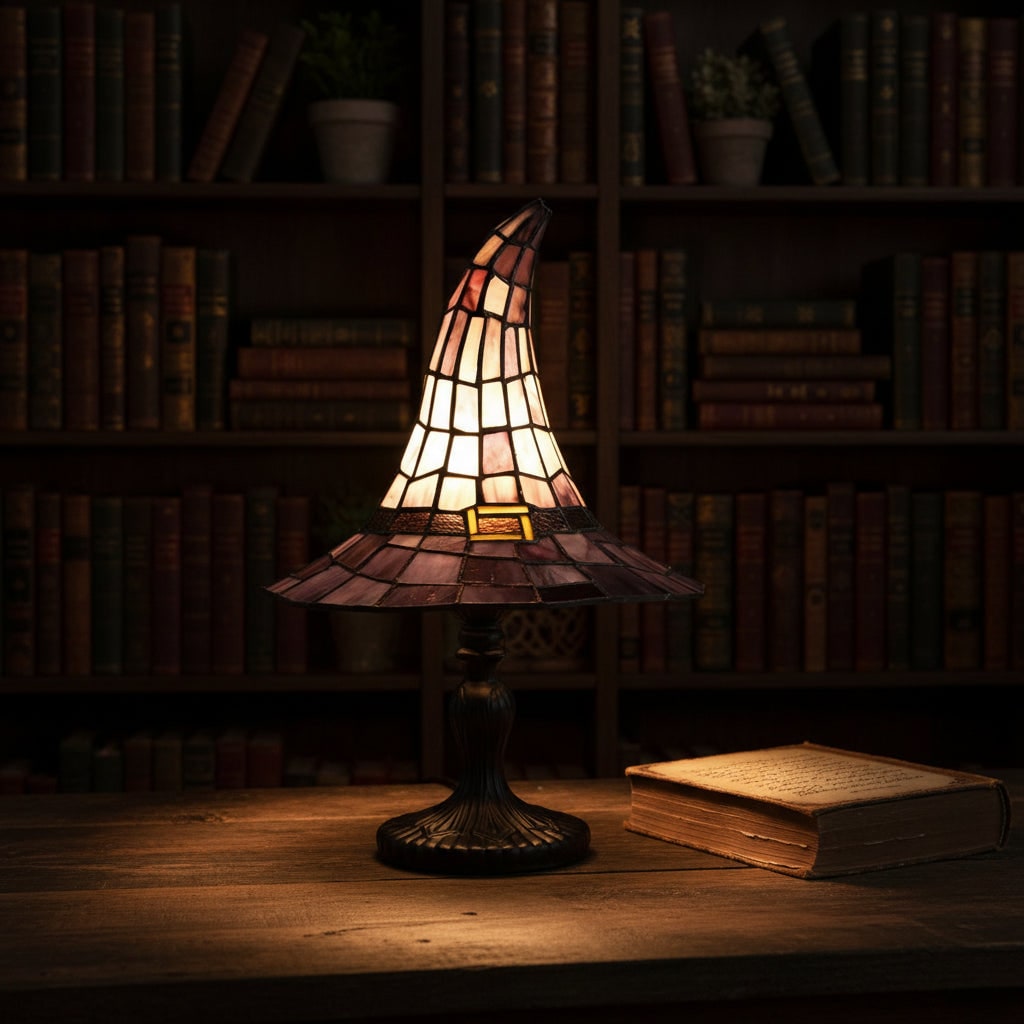 Lampe de table chapeau de sorcière en verre coloré