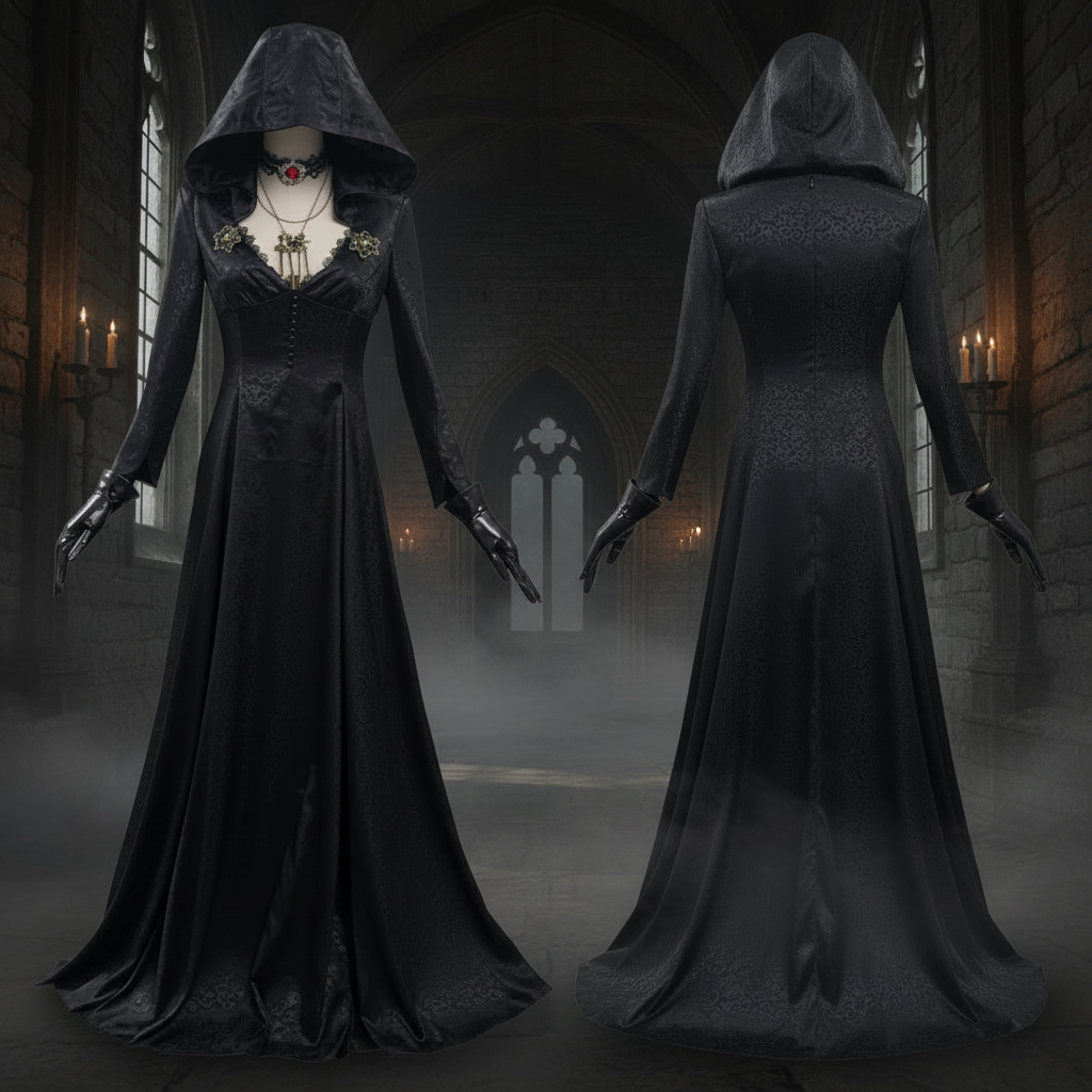 Robe de vampire longue à capuche avec bijoux de déguisement