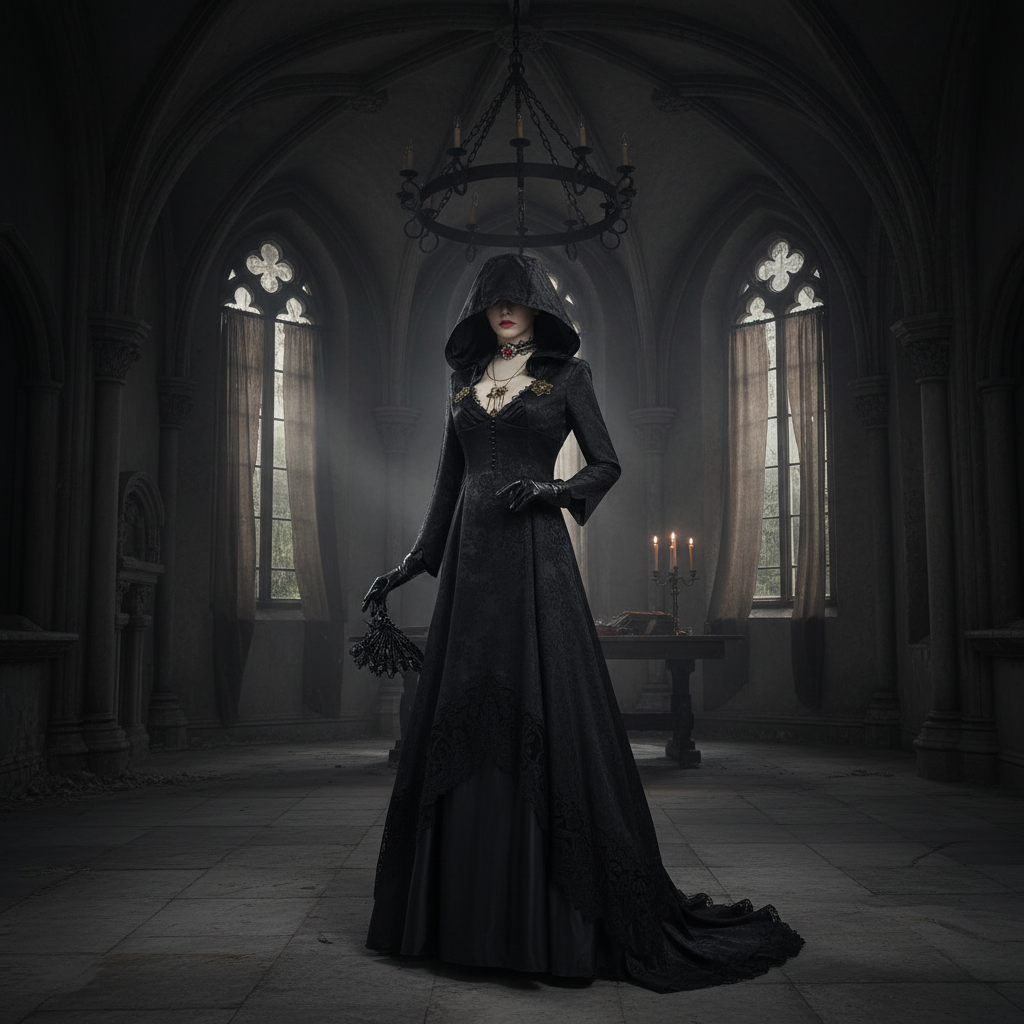 Déguisement vampire à robe noire à capuche et accessoires
