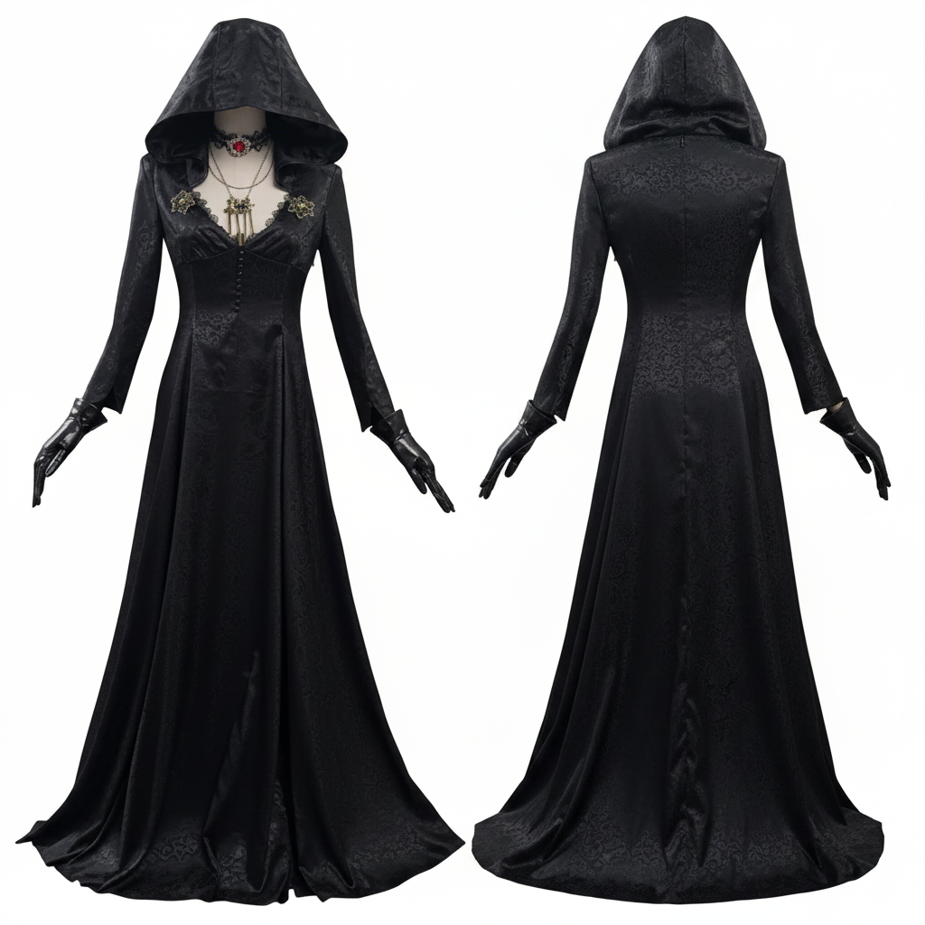 Déguisement vampire à robe noire à capuche et accessoires