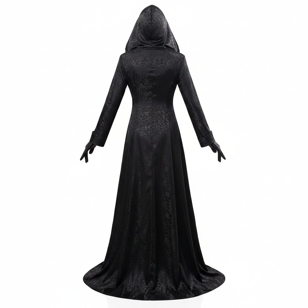 Déguisement vampire à robe noire à capuche et accessoires