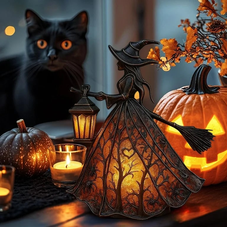 Figurine de sorcière avec lanterne LED à piles
