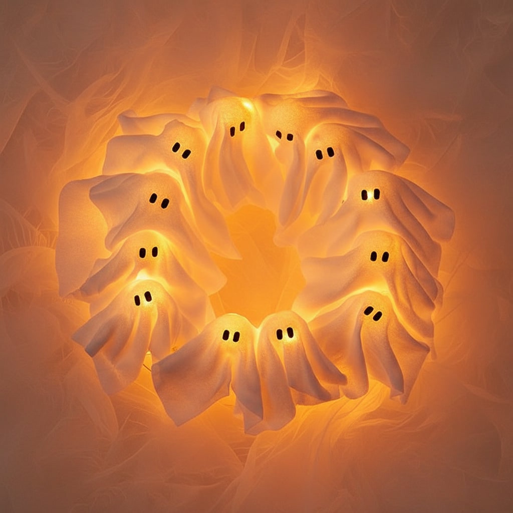 Couronne d'Halloween en gaze avec fantômes lumineux LED