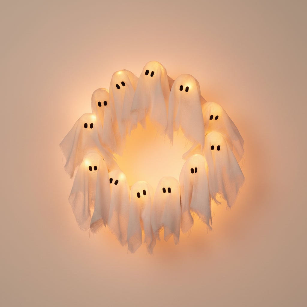 Couronne d'Halloween en gaze avec fantômes lumineux LED