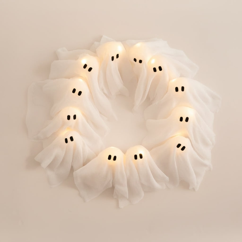 Couronne d'Halloween en gaze avec fantômes lumineux LED