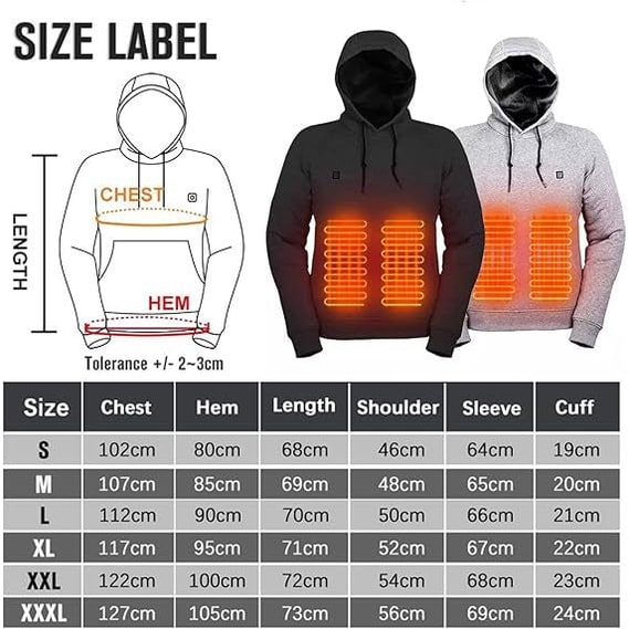 Veste chauffante zippée à capuche, cinq zones USB