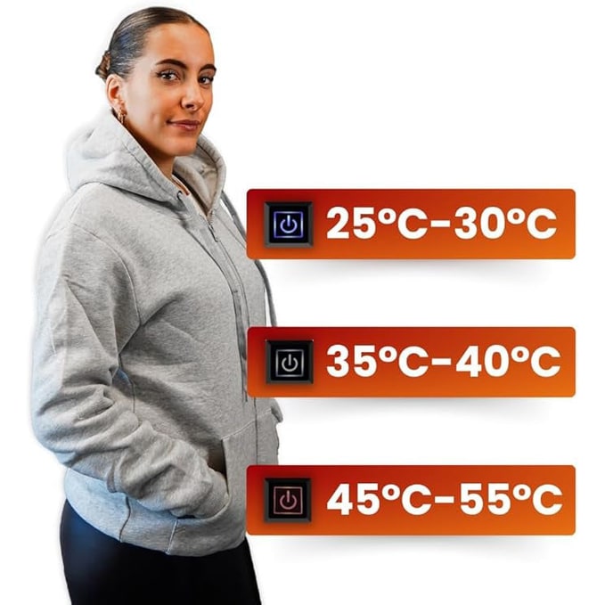 Veste chauffante zippée à capuche, cinq zones USB