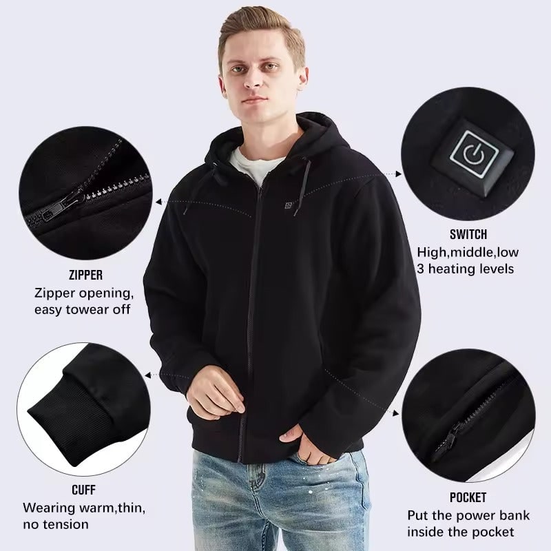 Veste chauffante zippée à capuche, cinq zones USB