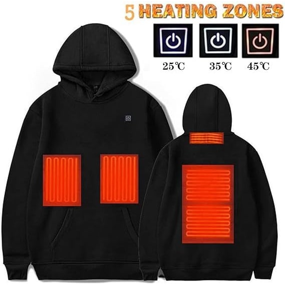 Veste chauffante zippée à capuche, cinq zones USB