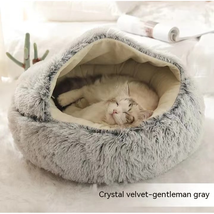 Panier couvert pour chat en peluche avec rebord rembourré