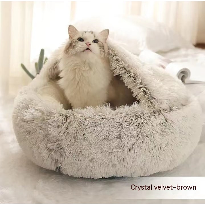 Panier couvert pour chat en peluche avec rebord rembourré