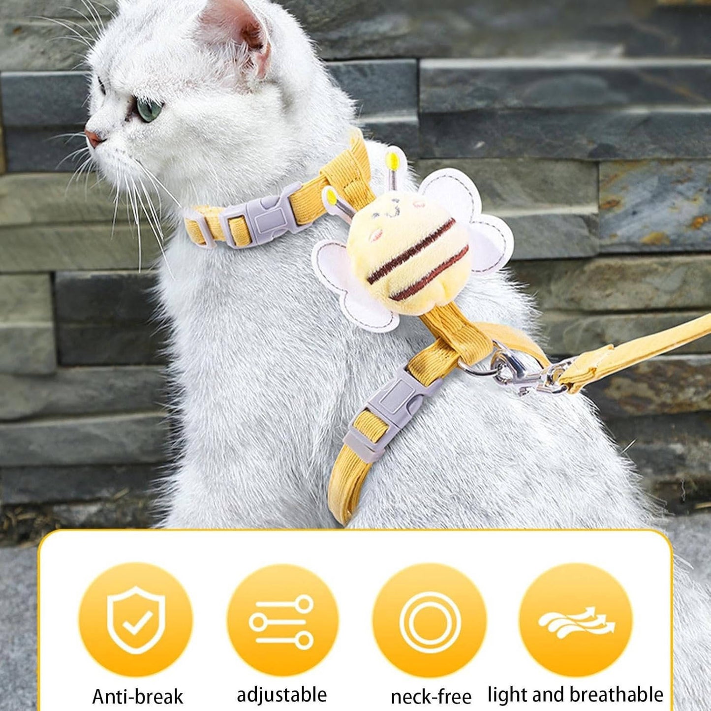 Harnais et Laisse pour Chat – Kit Promenade Anti-Évasion Réglable avec Motif Abeille
