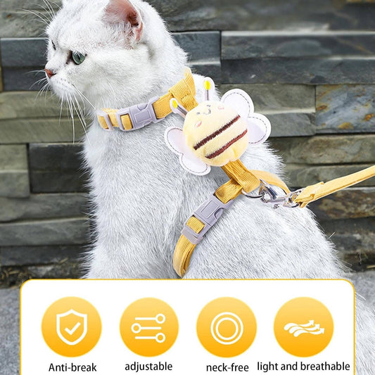 Harnais et Laisse pour Chat – Kit Promenade Anti-Évasion Réglable avec Motif Abeille