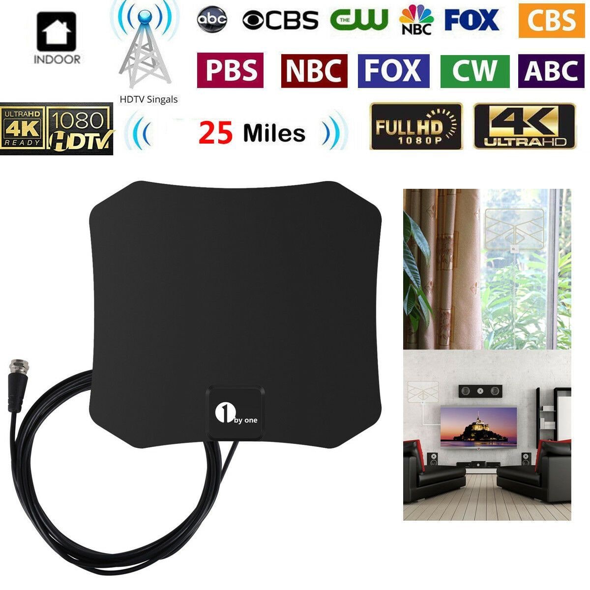 Antenne TV intérieure plate avec câble coaxial