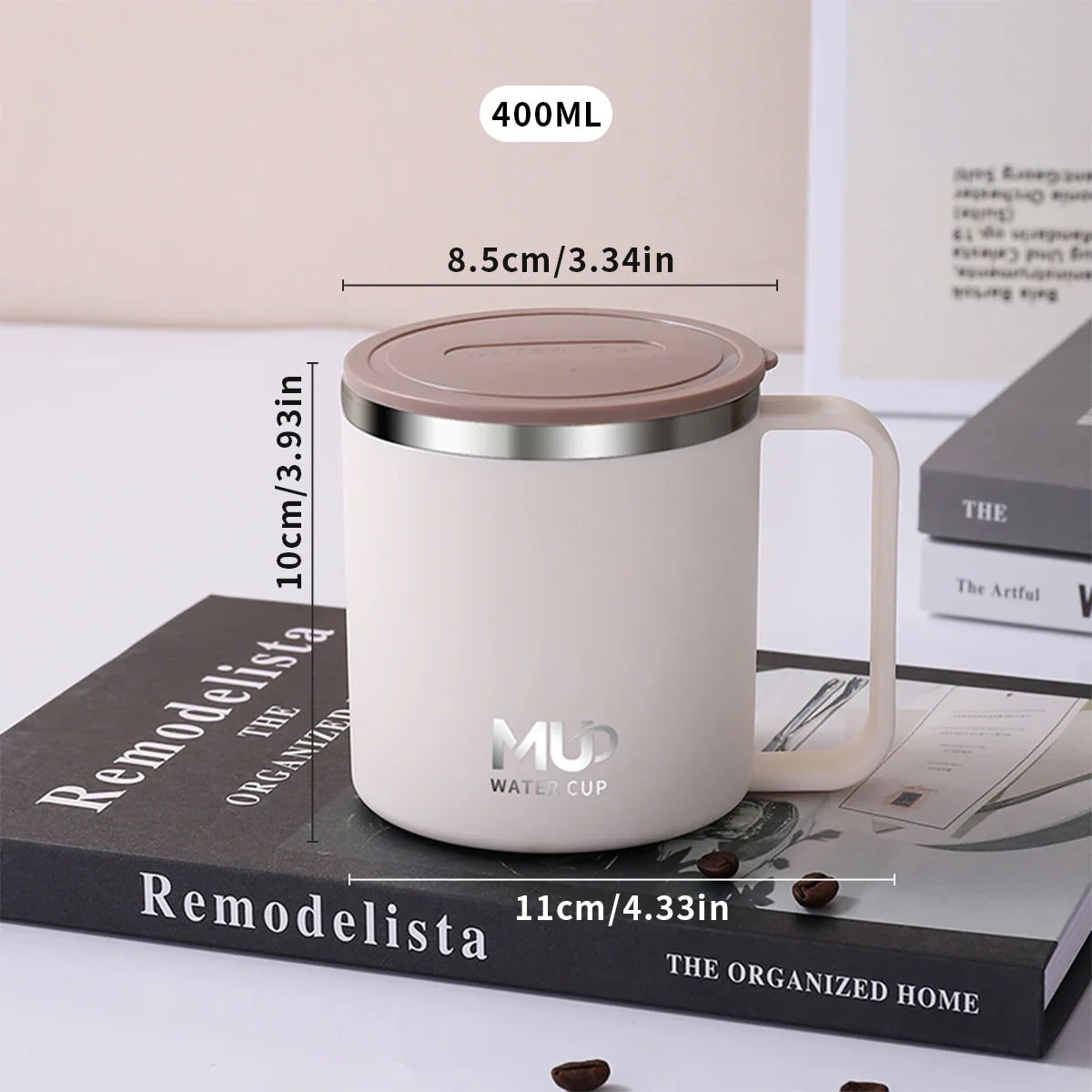 Mug isotherme à anse et couvercle, 400 ml