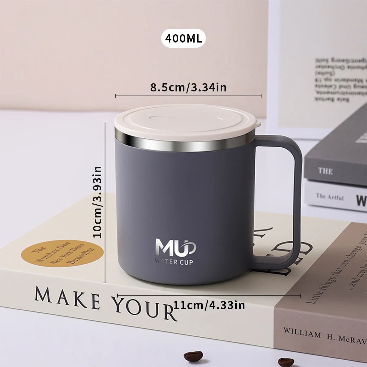 Mug isotherme à anse et couvercle, 400 ml