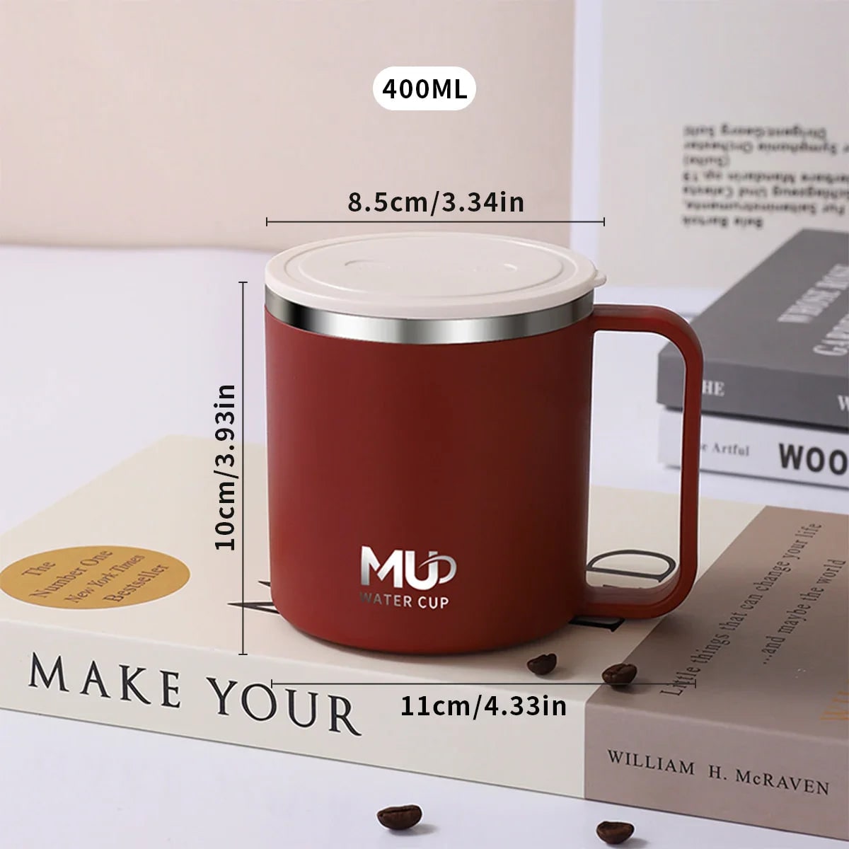 Mug isotherme à anse et couvercle, 400 ml