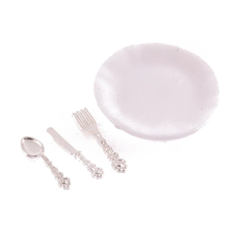 Vaisselle miniature 1:12 avec assiette et couverts, 4 pièces