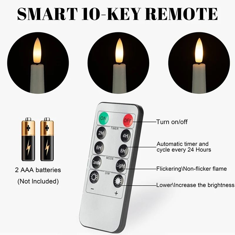 Bougies LED longues à piles avec effet vacillant, lot de 12