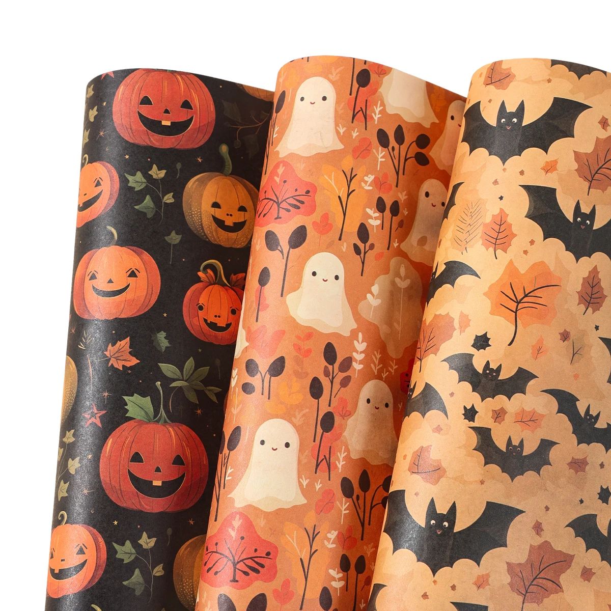 Papier cadeau Halloween à motifs fantômes et citrouilles, 4 feuilles