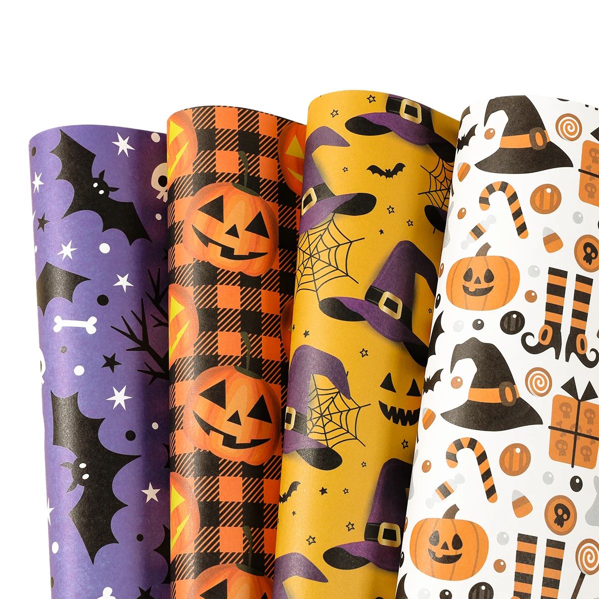 Papier cadeau Halloween à motifs fantômes et citrouilles, 4 feuilles