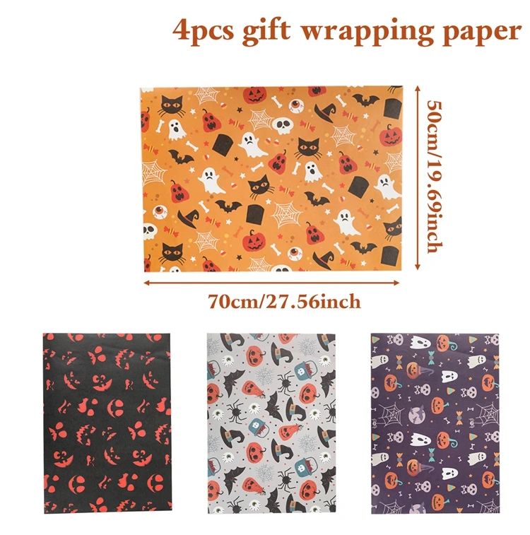 Papier cadeau Halloween à motifs fantômes et citrouilles, 4 feuilles